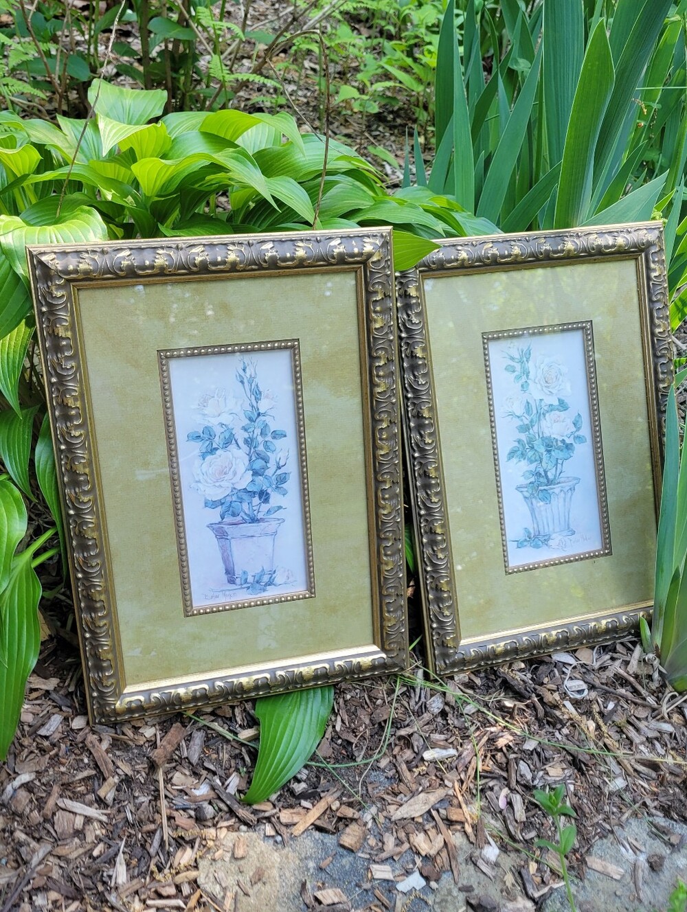 Pair  of Vintage Framed Matted Rose Flowers Attwork 14 x 10